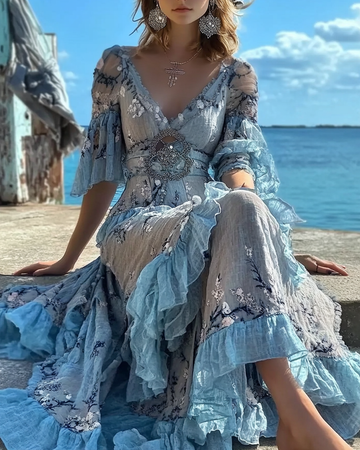 Robe d'été à volants brodée de fleurs en dentelle patchwork 82de
