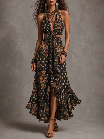 Bohemian Floral Moon Print Halter Cutout Midi Dress