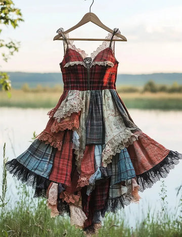 Vestido Patchwork Xadrez de Renda Feito à Mão para o Verão ac4f