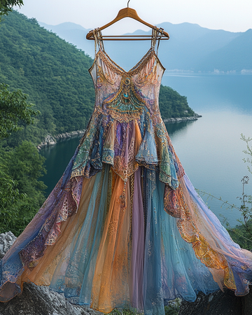 Vestido de Verão Irregular com Renda Patchwork e Babados com Miçangas 162d
