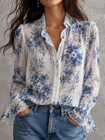 Boho Blue Floral Crinkle Chiffon Ruffle Collar Blouse