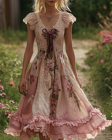 Vestido de linho confortável com bordado floral de renda e patchwork ae7a
