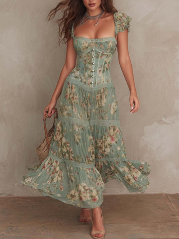 Vestido Midi Corset de Chiffon Estampado Floral Retrô
