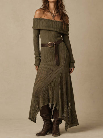 Vestido Midi de Tricô Vintage com Lapela e Ombros de Fora