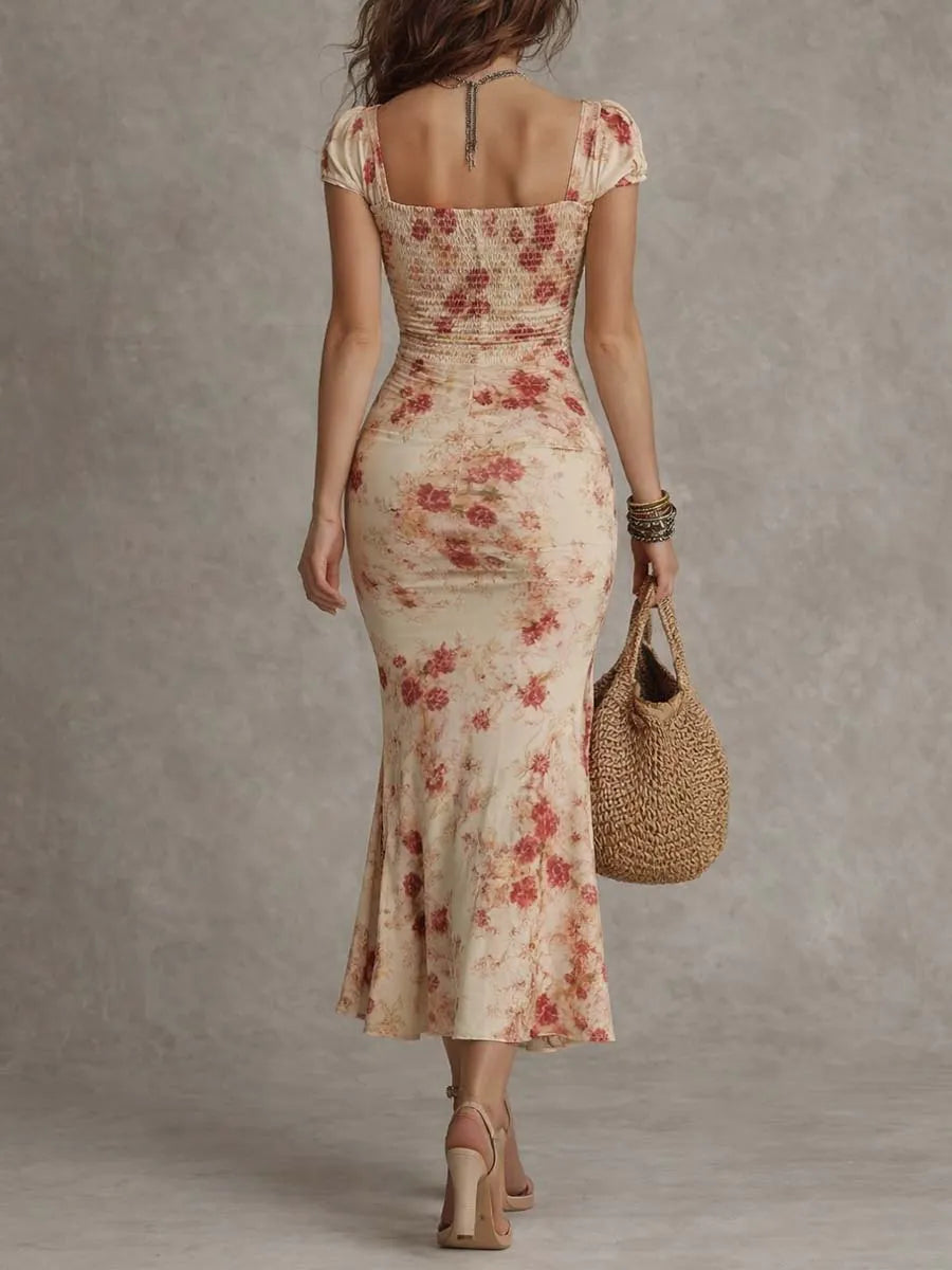 Vestido Midi Corset Franzido Rosa Vintage