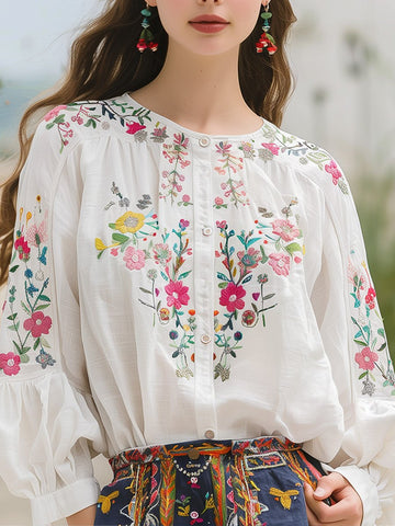 Camisa de manga comprida com bordado floral em algodão e linho