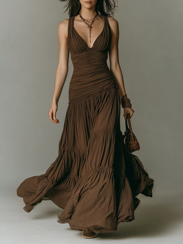 Vestido longo sem mangas plissado vintage