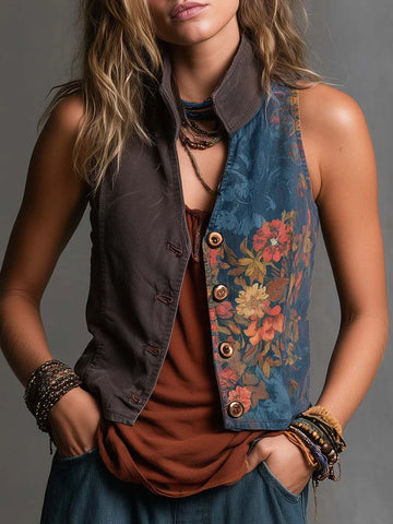 Colete Boho Floral Patchwork com Botões Frontais