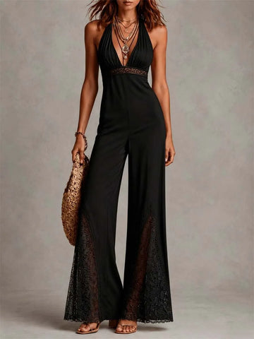 Vintage Boho Knit Lace Halter Deep V Flared Wide Leg Jumpsuit