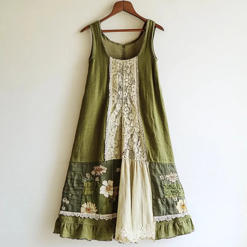 Vestido de Linho Boho Floral com Renda e Retalhos 6844