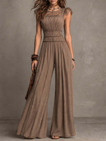Mocha Brown Chiffon & Lace Flutter Sleeve Wide-Leg Jumpsuit