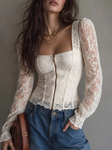 Blusa Corpete com Zíper em Renda Marfim