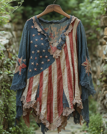 Camisa Patchwork de Renda e Bordado Contrastante para o Verão no Dia da Independência 584b