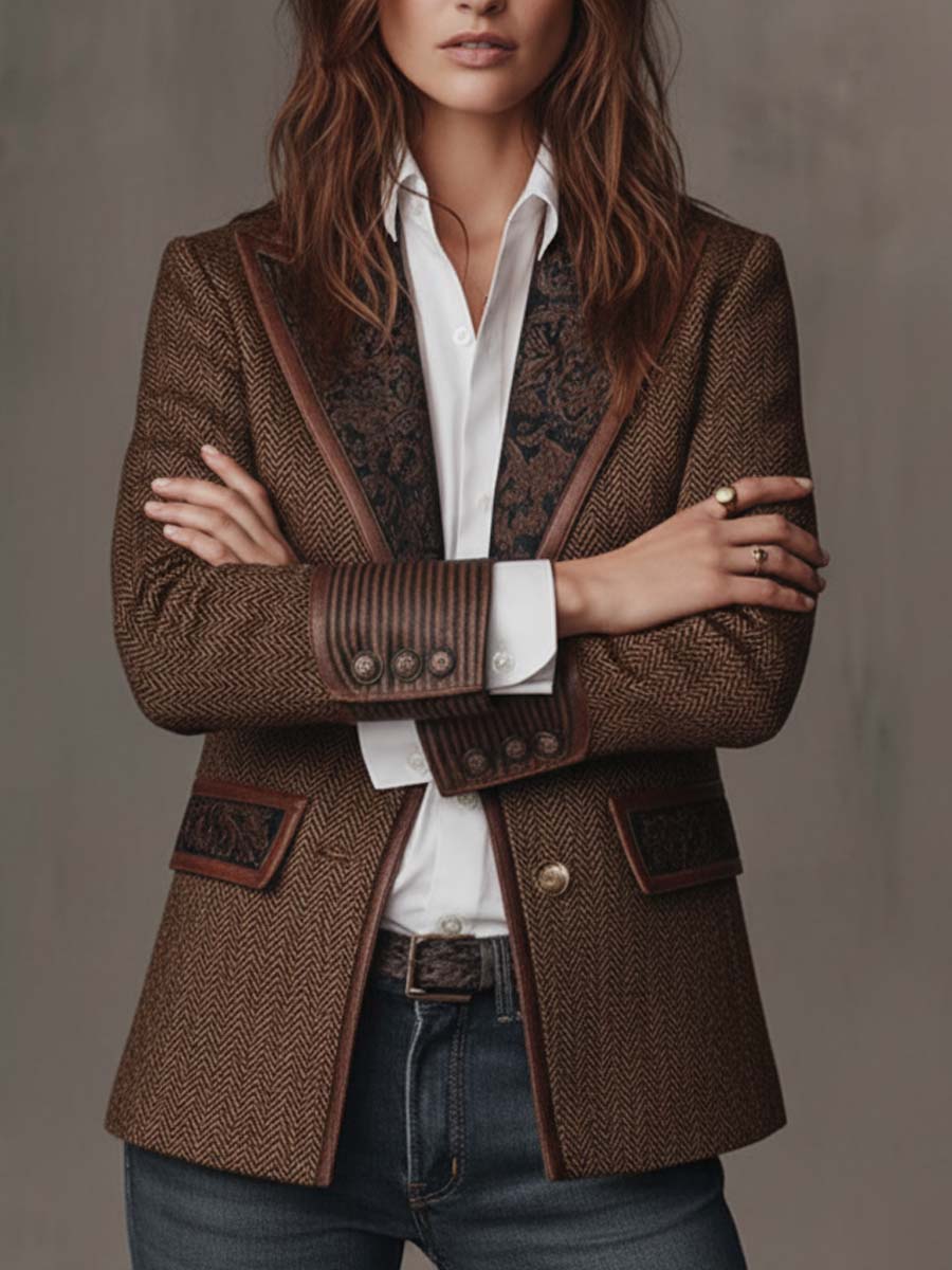 Blazer de Tweed Espinha de Peixe com Painéis Estampados