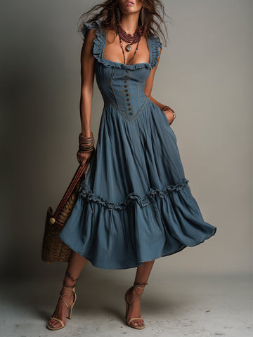 Vestido Midi Evasê Boêmio com Babados e Bolsos Laterais