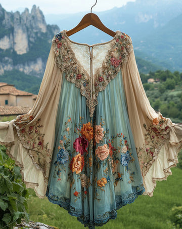 Abito caftano in chiffon di pizzo arricciato per le vacanze estive 5a29