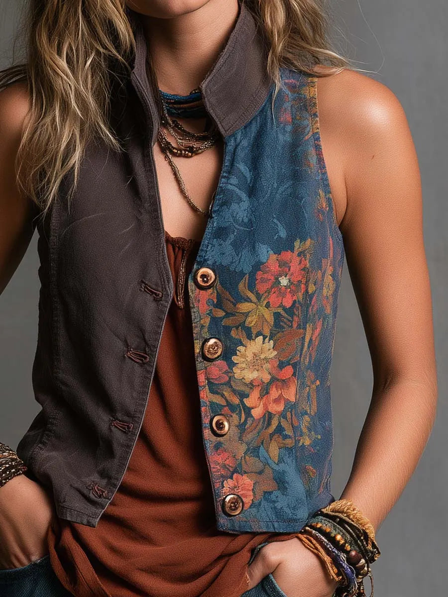Boho Floral Patchwork Button-Front Vest