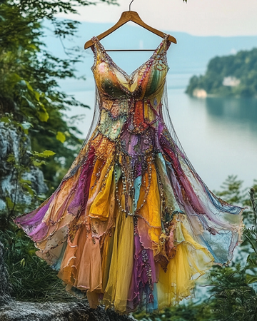 Vestido de Babado com Renda Irregular e Patchwork de Miçangas Verão 2256