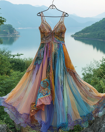 Vestido de verão irregular com renda, patchwork, miçangas e babados 7d76