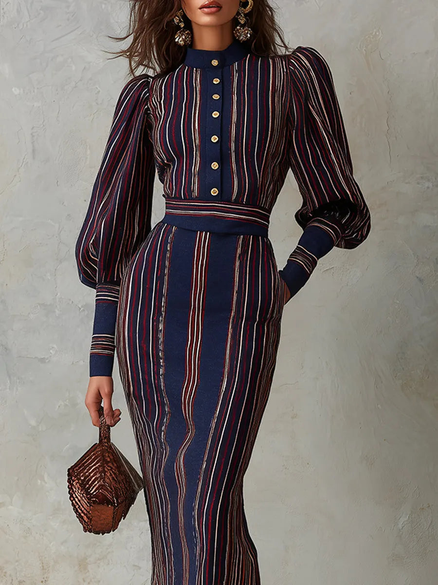 Robe midi ajustée à rayures rétro et manches lanternes