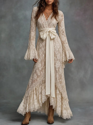 Vestido Longo de Renda Floral Marfim com Laço na Cintura