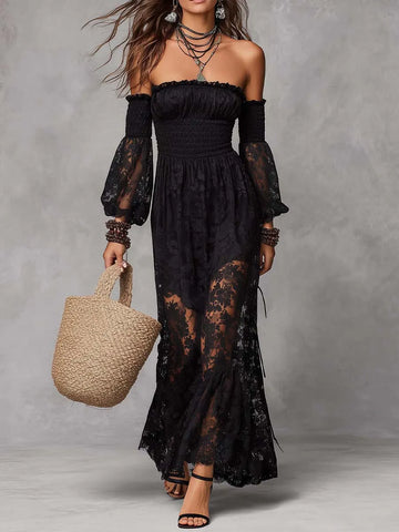 Vestido longo preto ombro a ombro com detalhes em lastex e renda