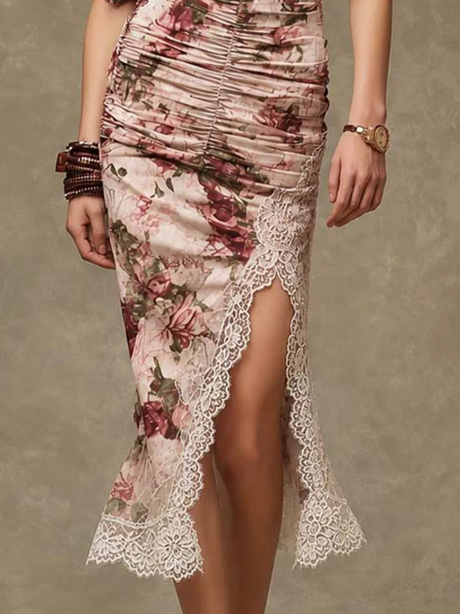 Vintage Floral Halter Neck Ruched Midi Dress With Lace Trim