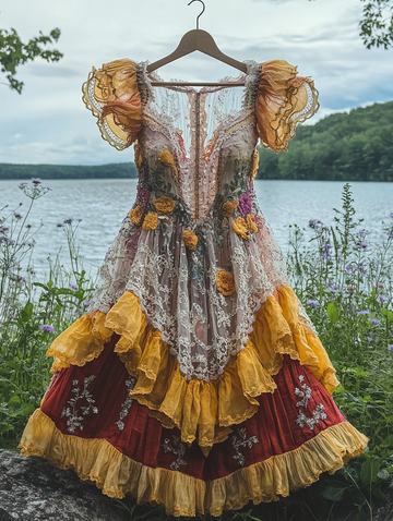 Robe d'été à volants et dentelle contrastée 4132