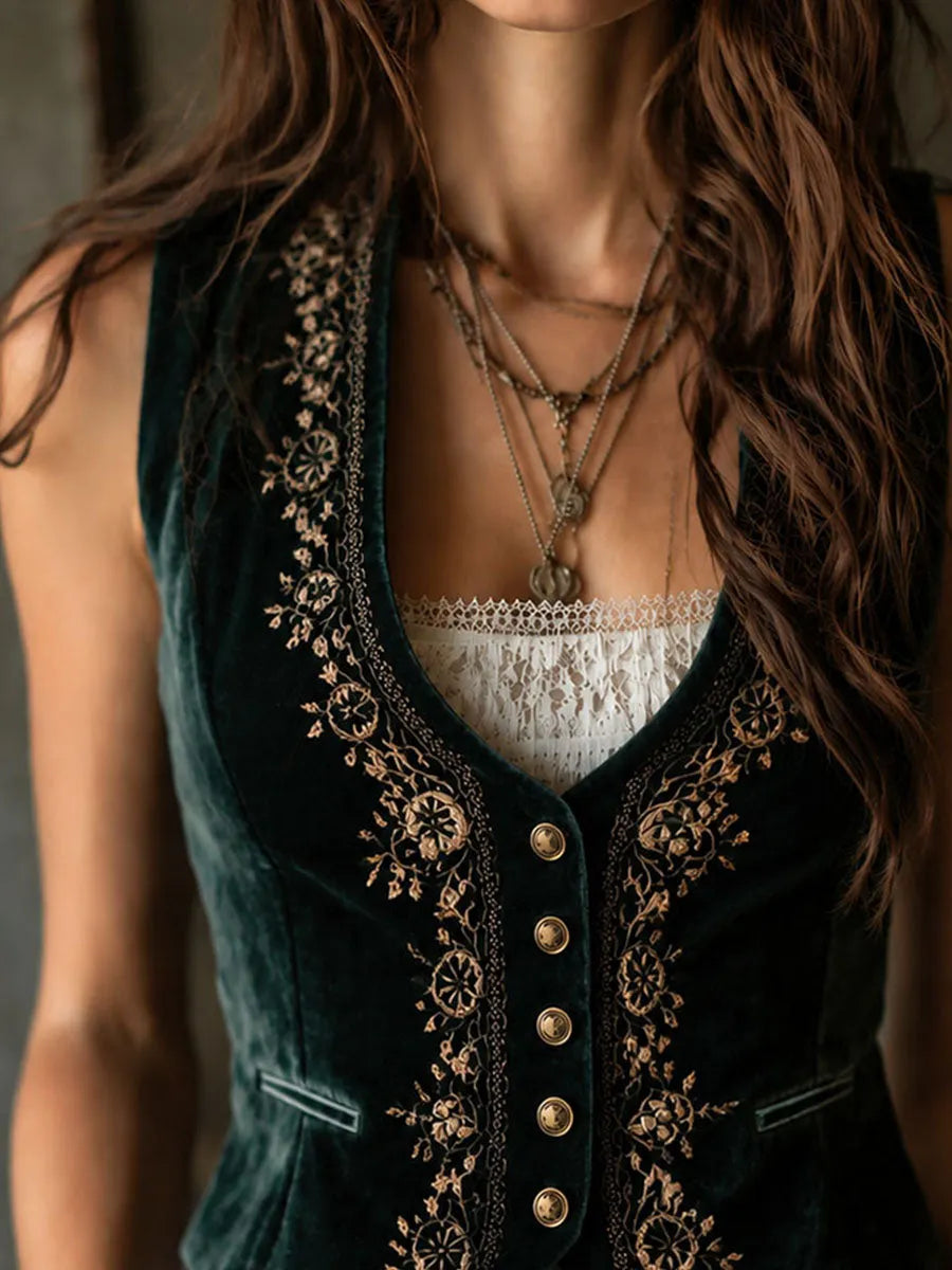 Boho Vintage Embroidered Dark Green Velvet Vest With Pockets
