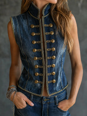 Colete Jeans Retrô Lavado Gola Alta Duplo Abotoamento Detalhe Costura