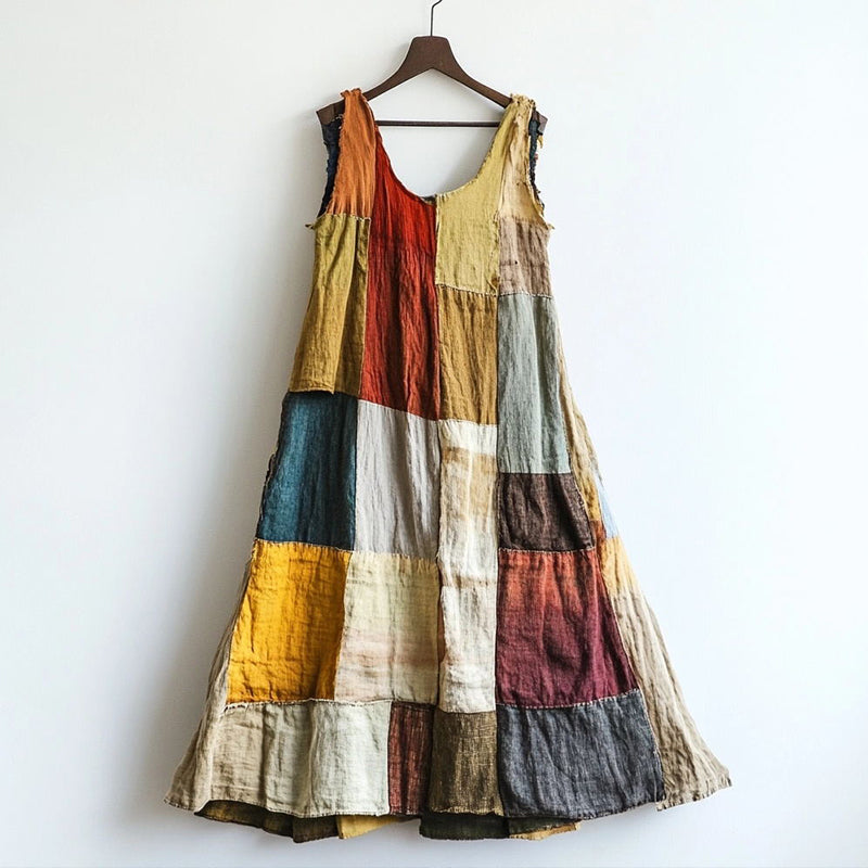 Vestido Vintage de Linho Misto com Retalhos Multicor 3113