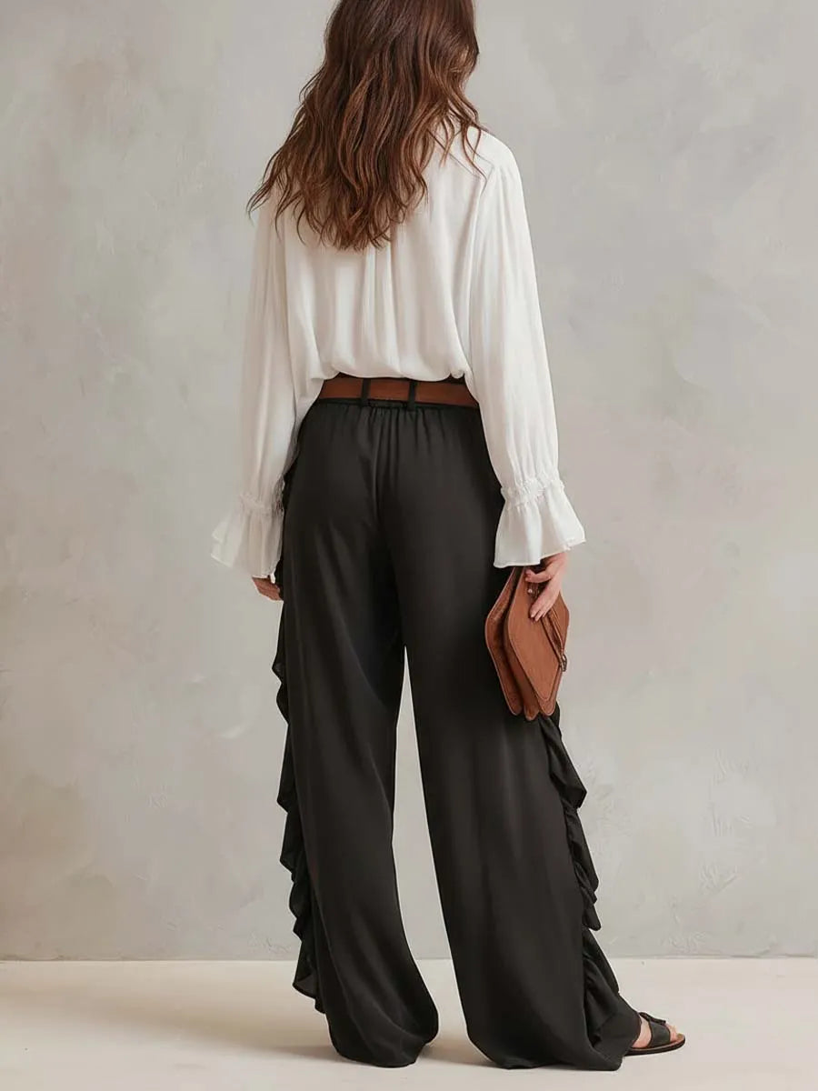 Conjunto de Duas Peças de Calça e Camisa de Chiffon com Babados Retrô