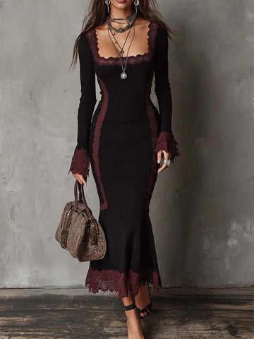 Vestido Midi Retrô de Tricô com Renda Contrastante