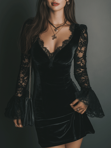 Romântico Vestido Curto com Manga Flare, Renda e Veludo Midnight