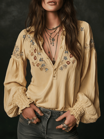 Camisa de Algodão Casual Amarela com Bordado Floral