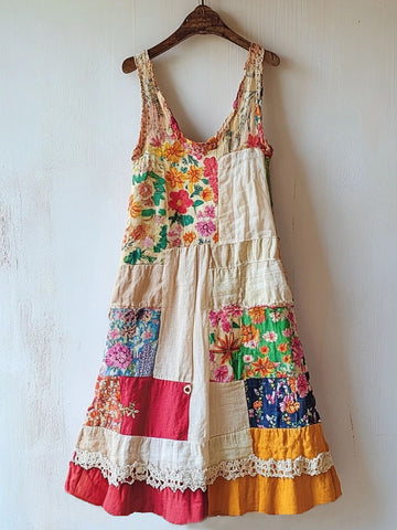 Robe Bohème en Mélange de Lin à Motif Floral et Imprimé Patchwork e79f