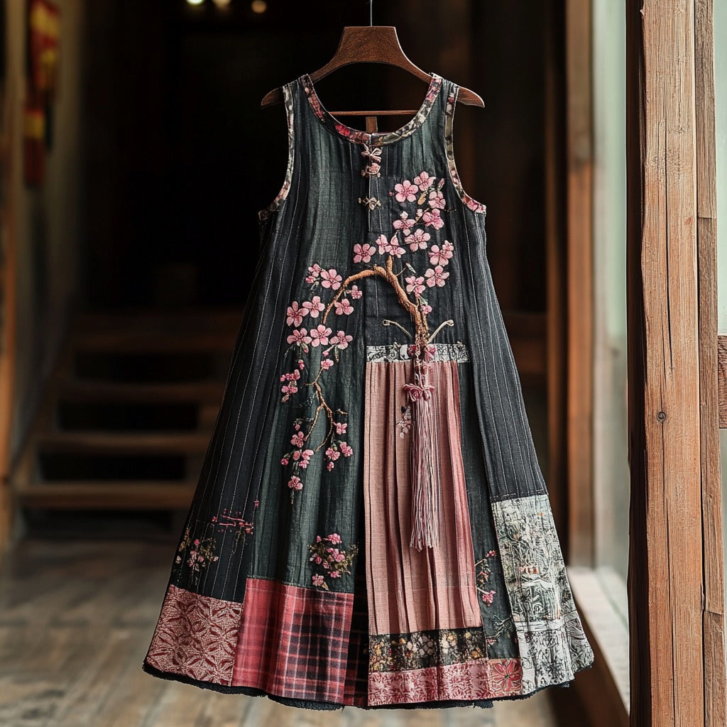 Vestido Regata de Linho Artístico com Patchwork e Bordado de Cerejeira para Mulheres 815d