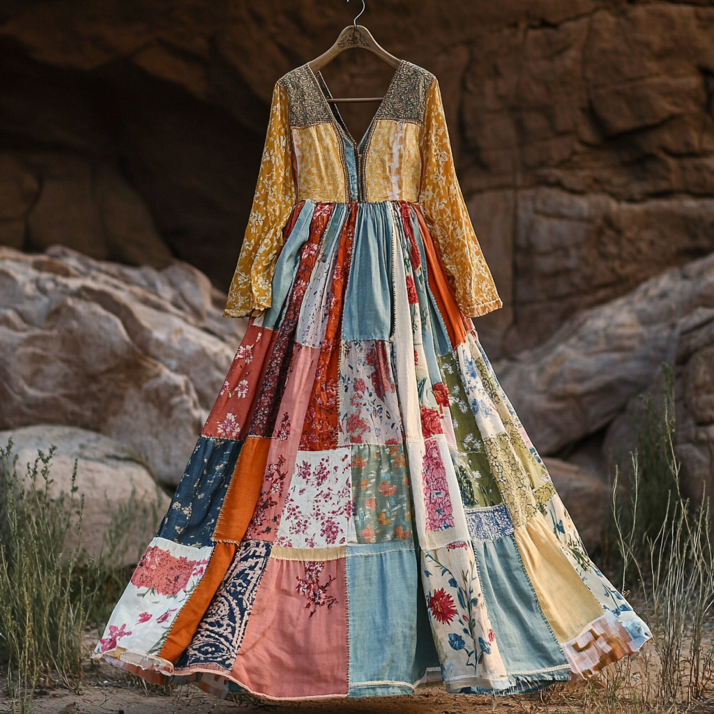 Vestido Feminino Vintage Boêmio Manga Longa de Algodão e Linho com Retalhos 8ad8