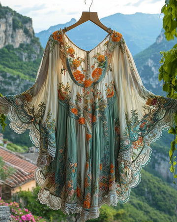 Vestido Kaftan de Chiffon com Renda e Babados para Férias de Verão 9810
