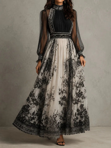 Retro Ink Floral Print Sheer Sleeve High Neck Pleated Maxi Dress