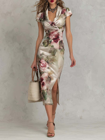 Vestido Midi de Cetim com Estampa Floral, Franzido e Fenda Lateral