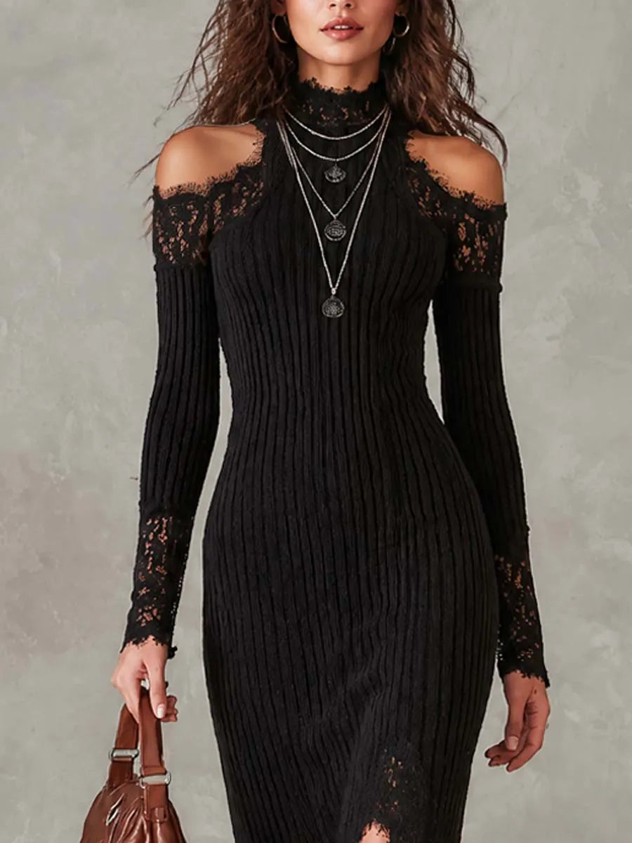 Robe midi en maille à épaules dénudées et bordure en dentelle vintage