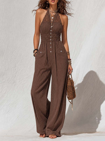 Chocolate Brown Pinstripe Cotton Lace-Trimmed Halter Wide-Leg Jumpsuit