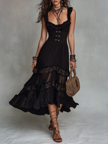 Vestido Midi Godê Chiffon Franzido Vintage Com Acabamento Em Renda