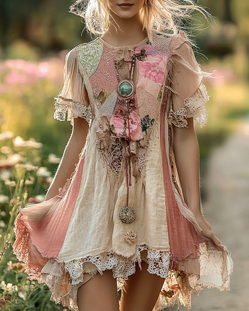 Mini-robe d'été en lin brodé fleuri avec empiècements en dentelle dc57