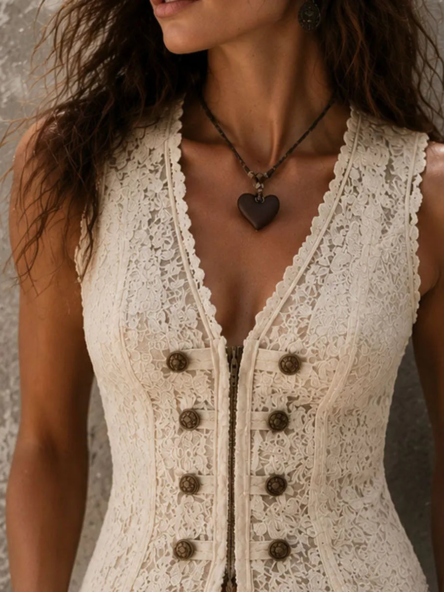 Gilet Corset Croisé Bohème Romantique Crème Floral en Dentelle