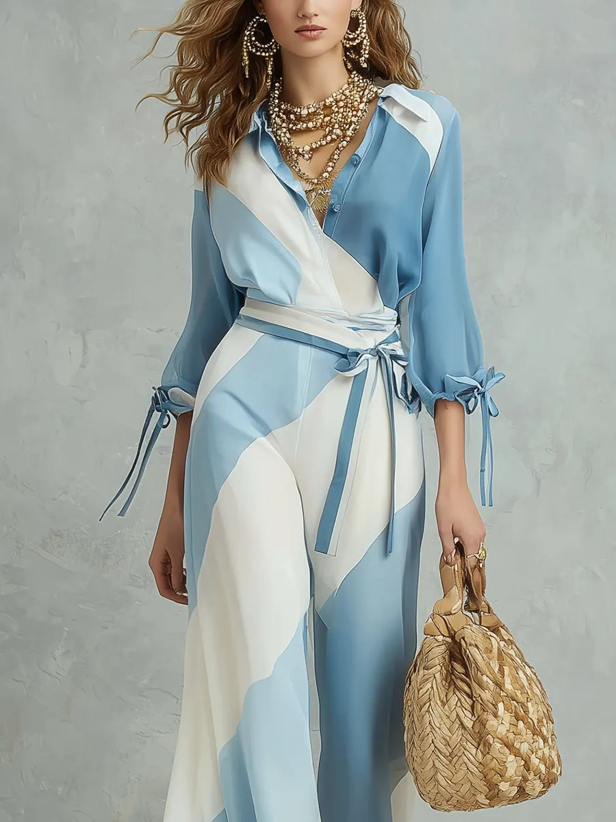 Ensemble à lacets patchwork, motif géométrique esthétique bleu et blanc