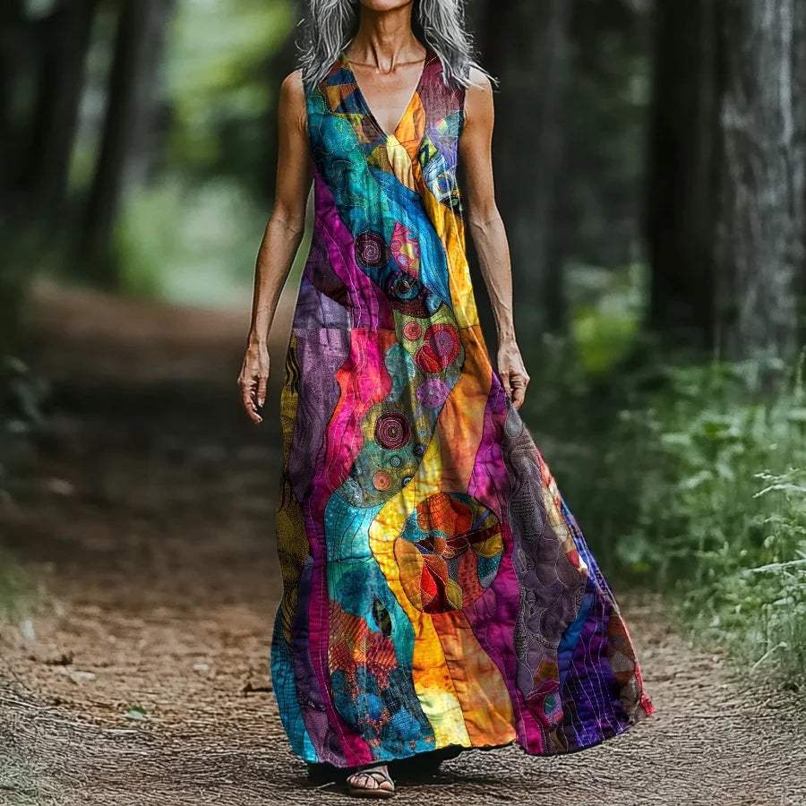 Vestido Midi Regata Decote V com Estampa de Arte Abstrata Arco-Íris Feminino