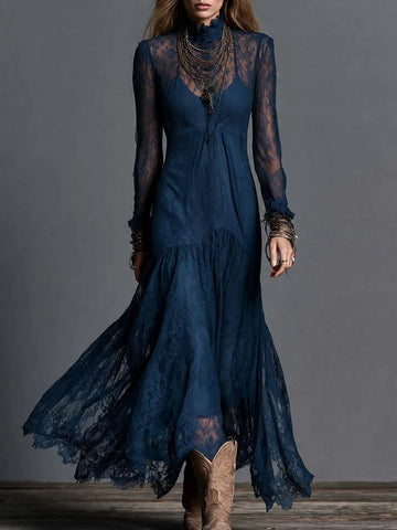 Vestido Longo Boho de Renda Azul Marinho com Gola Alta e Camadas