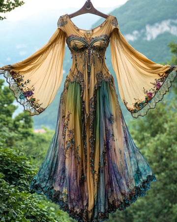 Vestido longo de verão com babados e renda em cores contrastantes ec19